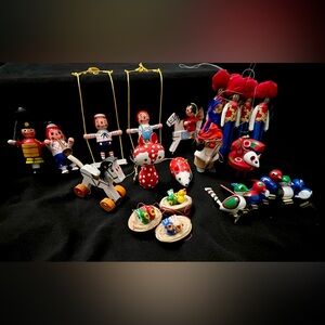 Set of 27 vintage wooden Kurt Adler, Japanese, and clothespin solder ornaments.